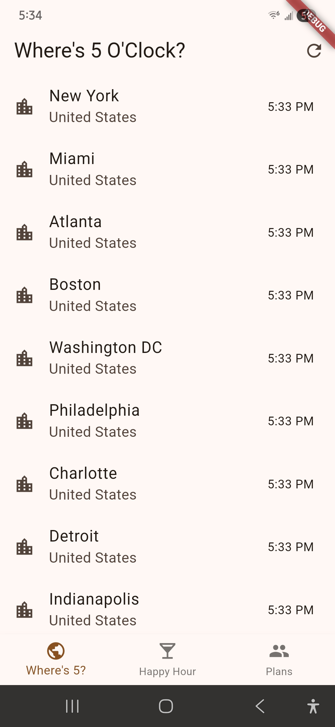 Where's 5 O'Clock? screen showing cities where it's currently 5 PM